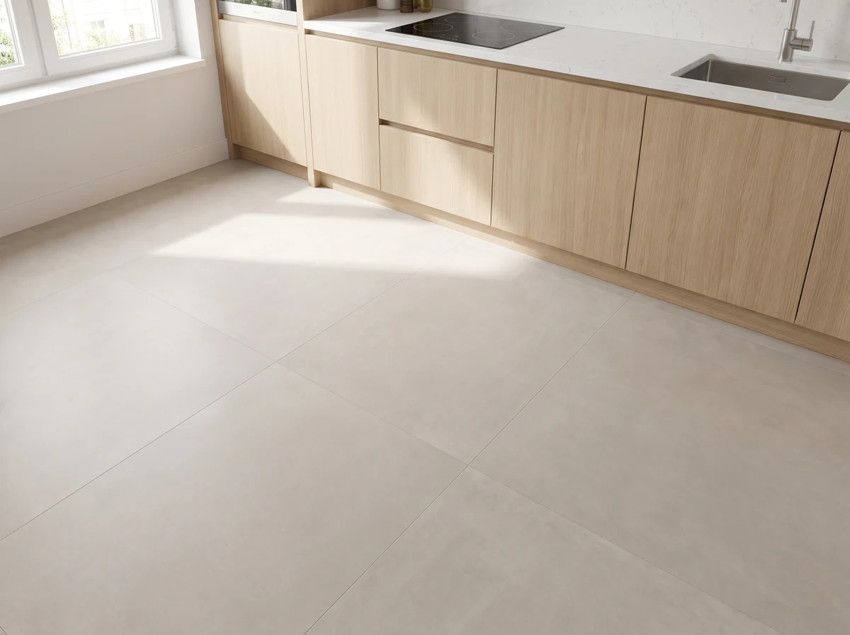 Large-format light tile flooring in a modern kitchen