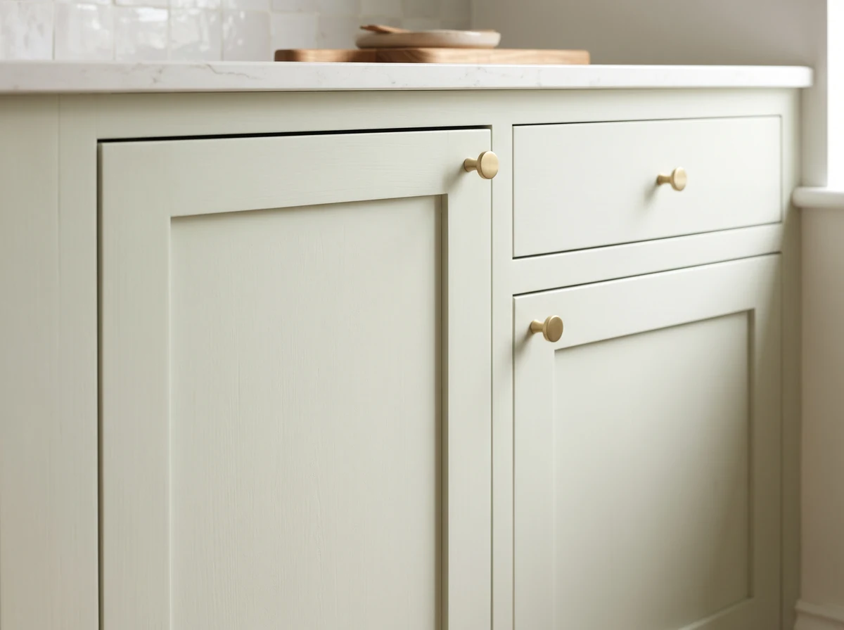 Light shaker cabinet doors with brass knobs