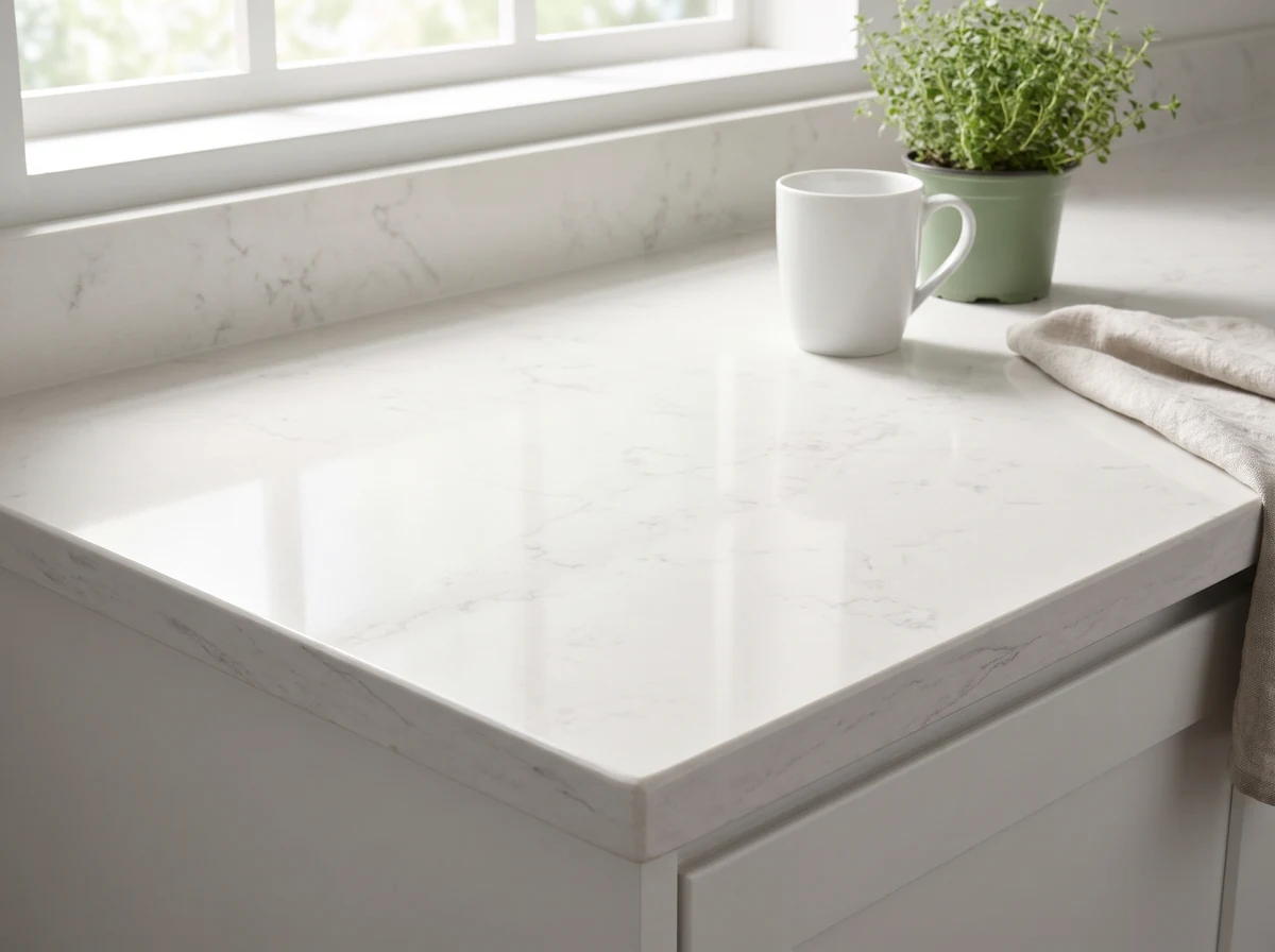 White quartz countertop with subtle veining beside a window